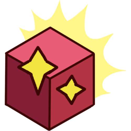 a red cube with yellow sparkles on it and a yellow sunburst behind it.